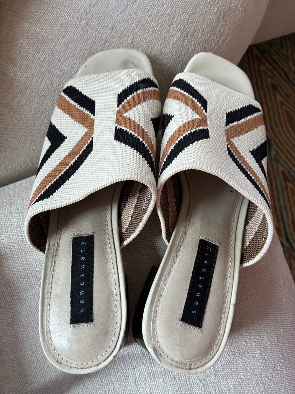 Sanctuary Cream Slides with Black & Brown Chevron Straps
